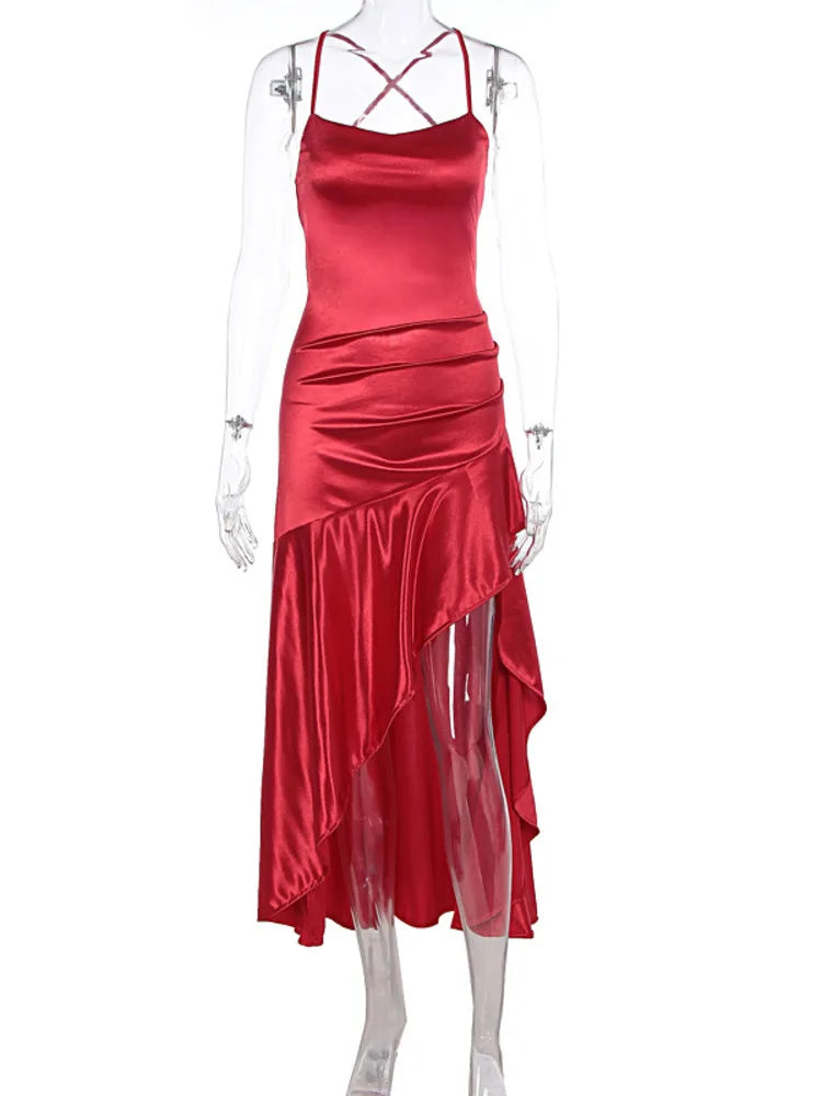 Satin Spaghetti Strap Ruffled Sexy Maxi Dress For Women Gown Red Off-shoulder Sleeveless Backless High Split Long Dress