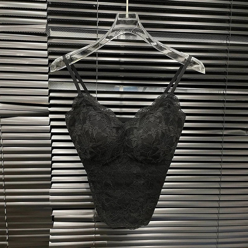 Autumn Winter New Fashion Lace Padded Integrated Camisole For Women Slim Fit Backless Inner Layer Base Vest 11A07887 Black