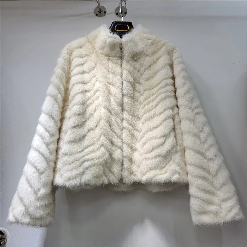 Winter Fashion New Style Elegant Stand Collar Mink Fur Short Coat For Women High-end Soft Faux Fur Jacket 11A07794 Creamy-white One Size