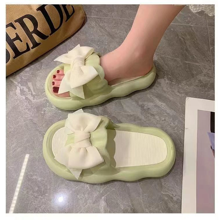 Slipper Women Men Summer Thick Bow Tie Slippers Women Indoor Home Sandals Couples Bathroom Slides Non-slip Soft House Slippers green