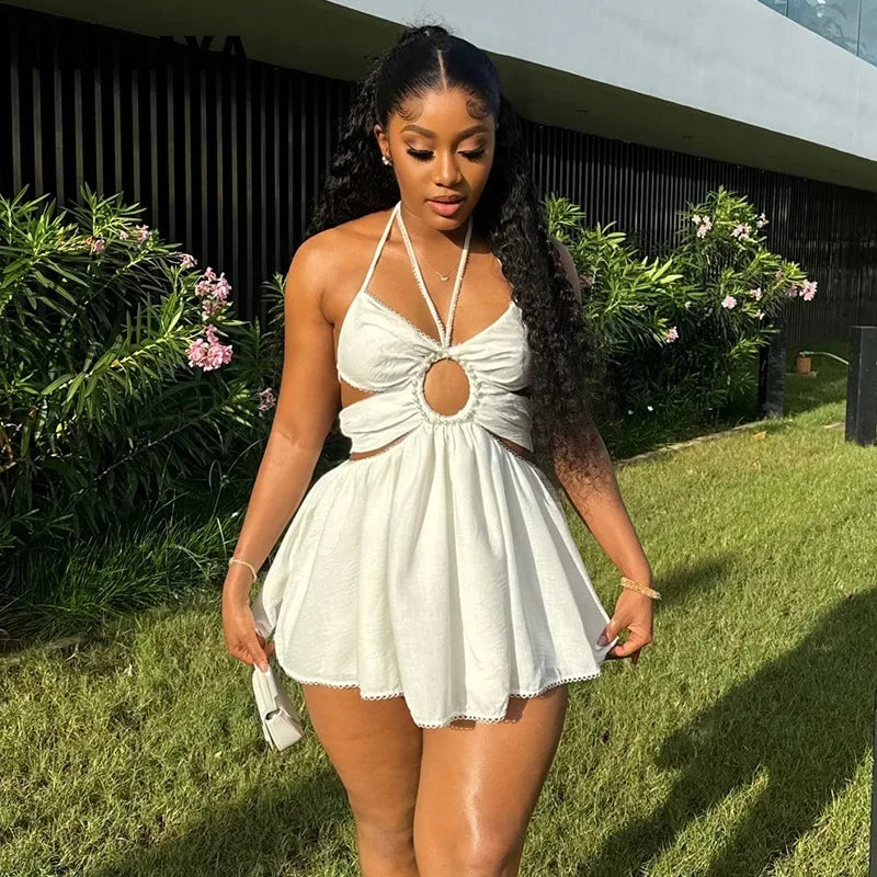 2024 Women Halter Strap Sleeveless Mini A-Line Dress Sexy Beading Backless Streetwear Evening Night Club Party Dresses