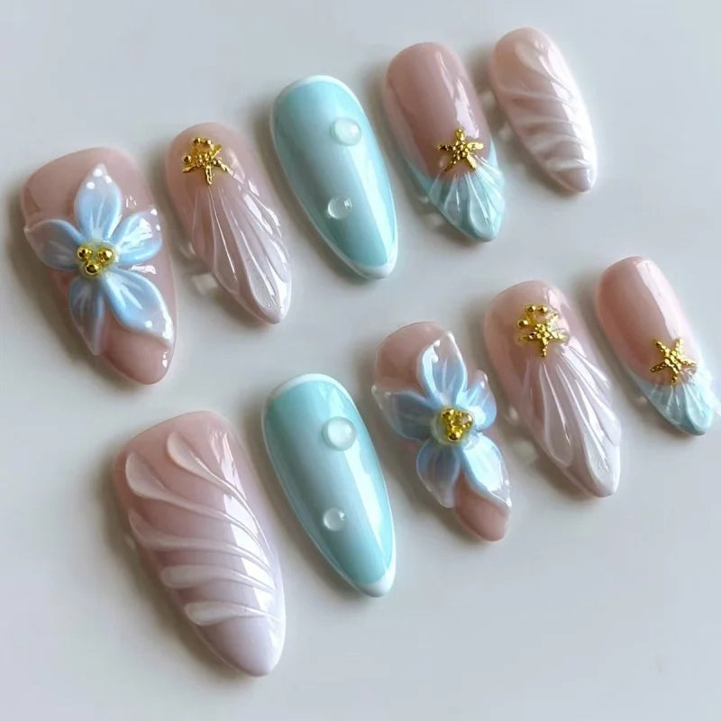 24Pcs 3D Green Ripple Design False Nails Cat's Eye French Almond Fake Nail Tips Leaves Pattern Removable Oval Press on Nails 1060