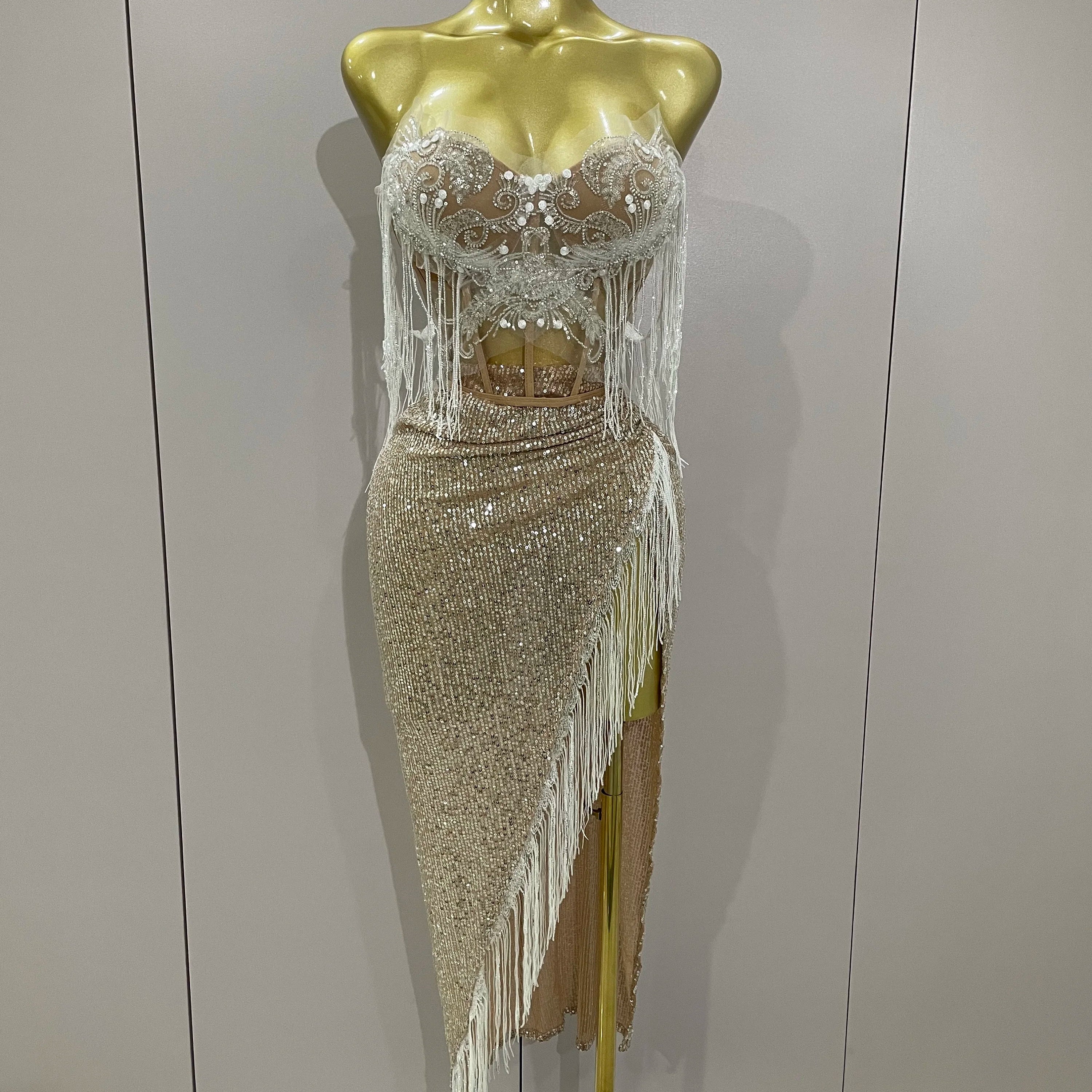 Sexy Luxury Sparkly Sequin Tassel Two Piece Set 2025 Women Evening Party Birthday Singer Performan Costume Nightclub Girl Outfit Khaki