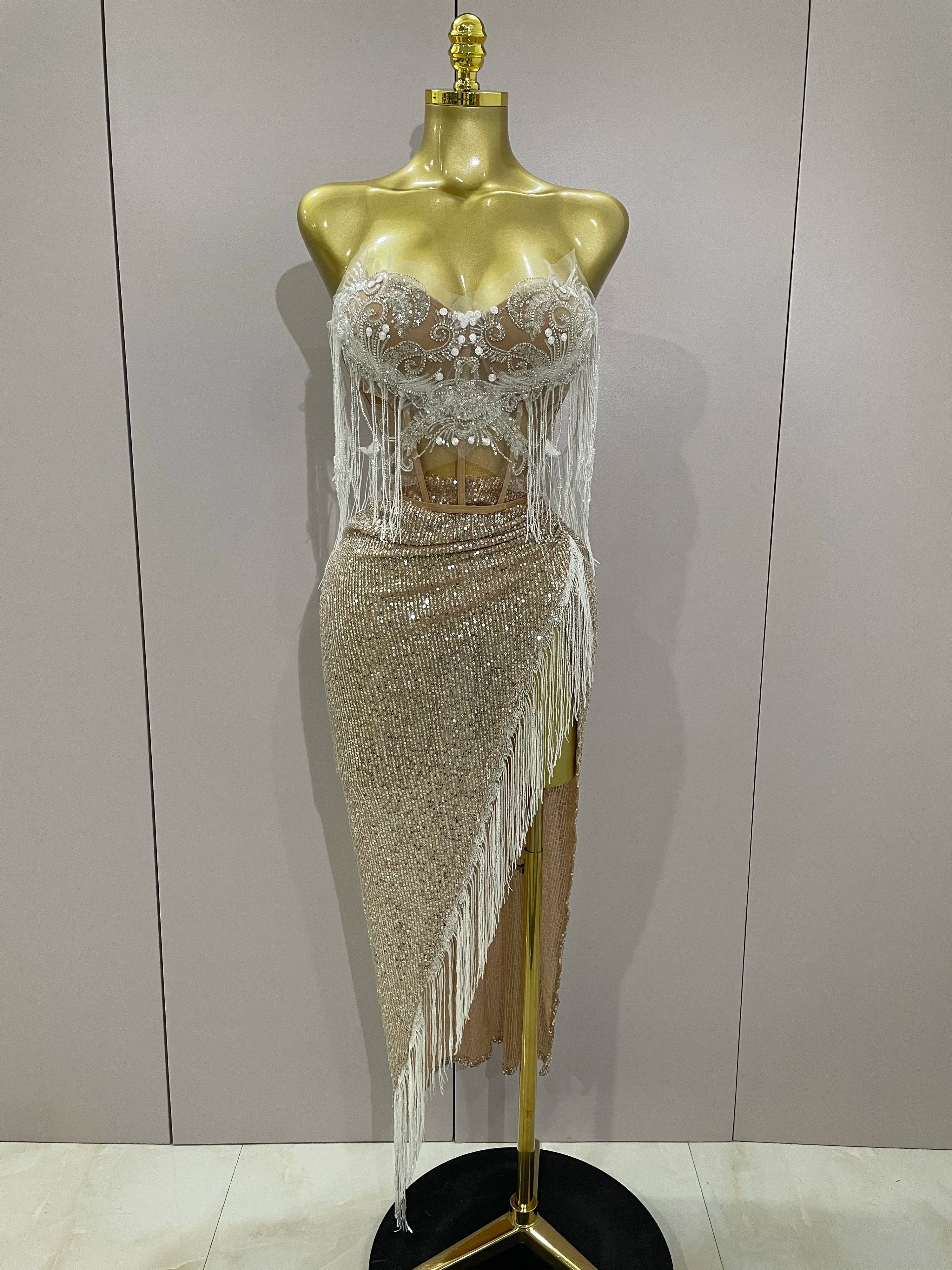 Sexy Luxury Sparkly Sequin Tassel Two Piece Set 2025 Women Evening Party Birthday Singer Performan Costume Nightclub Girl Outfit Khaki