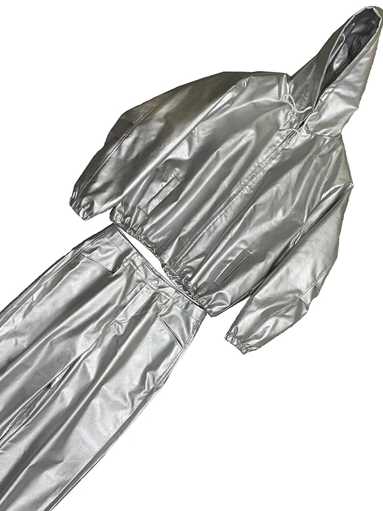 Mauroicardi Autumn Oversized Waterproof Silver Faux Leather Jacket Men with Drawstring Hood Zipper Loose Casual Korean Fashion