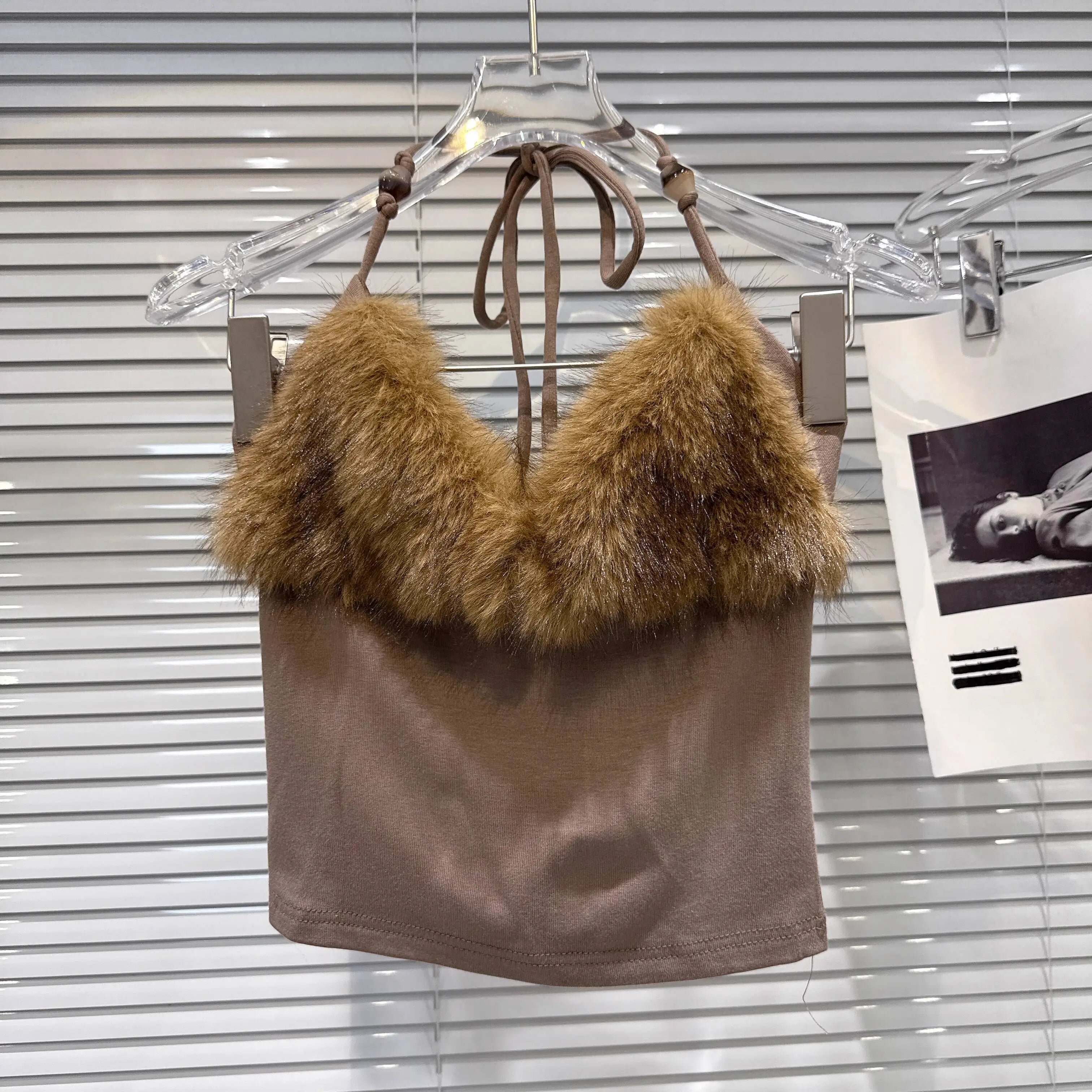 Winter New Elegant Fashion Fur Patchwork Backless Tie Halter Neck Camisole For Women Slim Fit Tank Top Female 11A07479 Khaki One Size