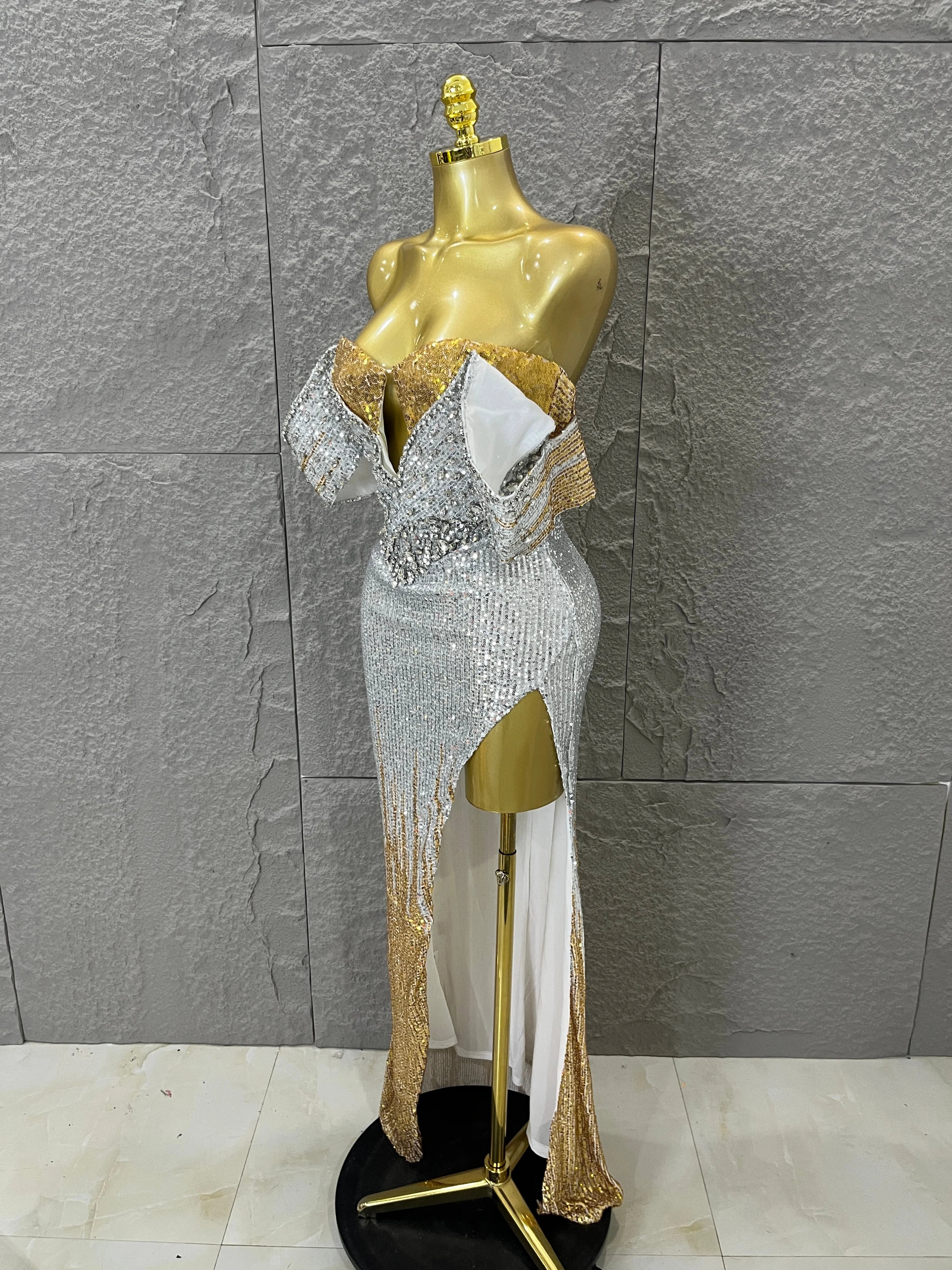 Sparkly Silver Gold Sequin Off Shoulder High Slit Dress Allover Glitter Evening Party Club Birthday Gala Celebration Event