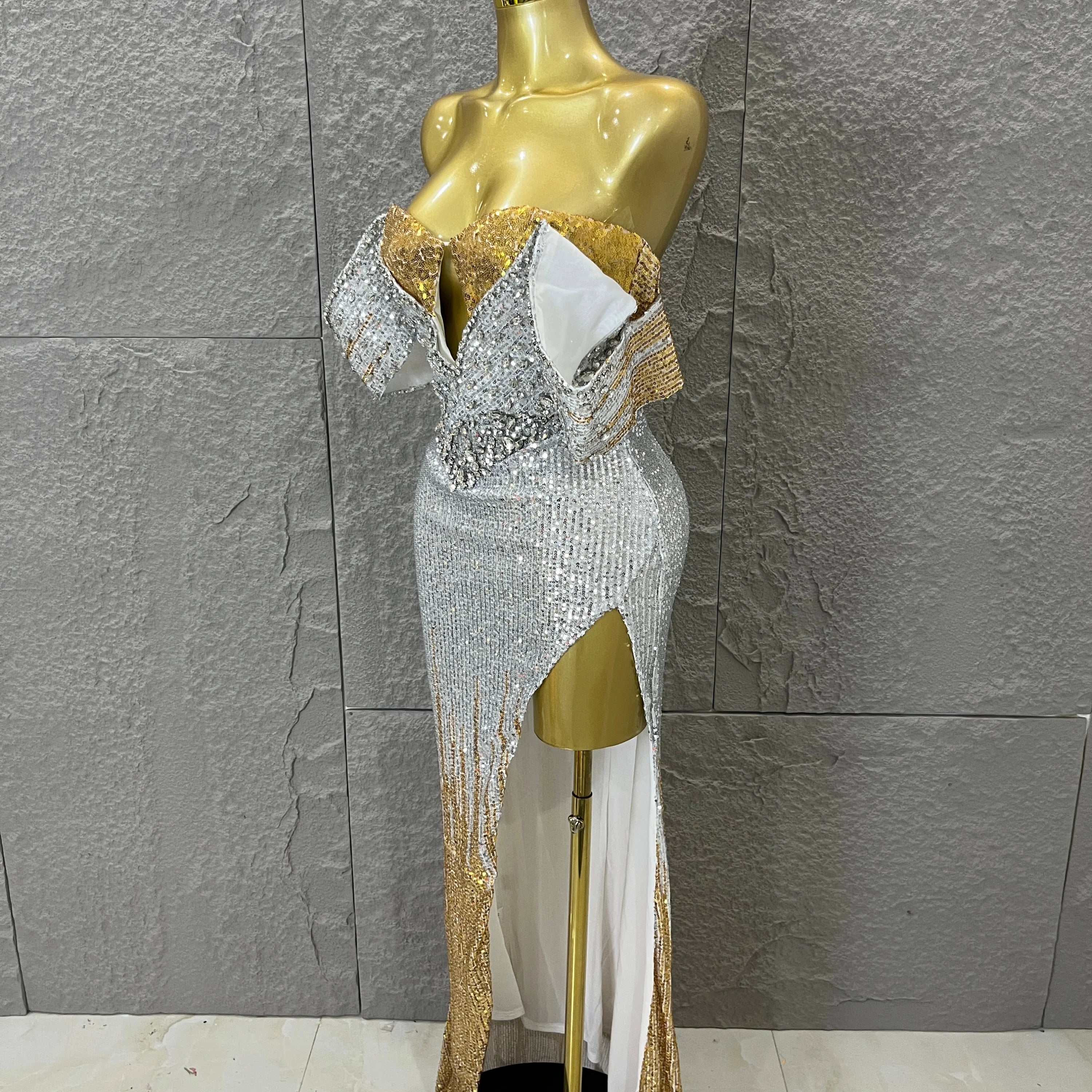 Sparkly Silver Gold Sequin Off Shoulder High Slit Dress Allover Glitter Evening Party Club Birthday Gala Celebration Event