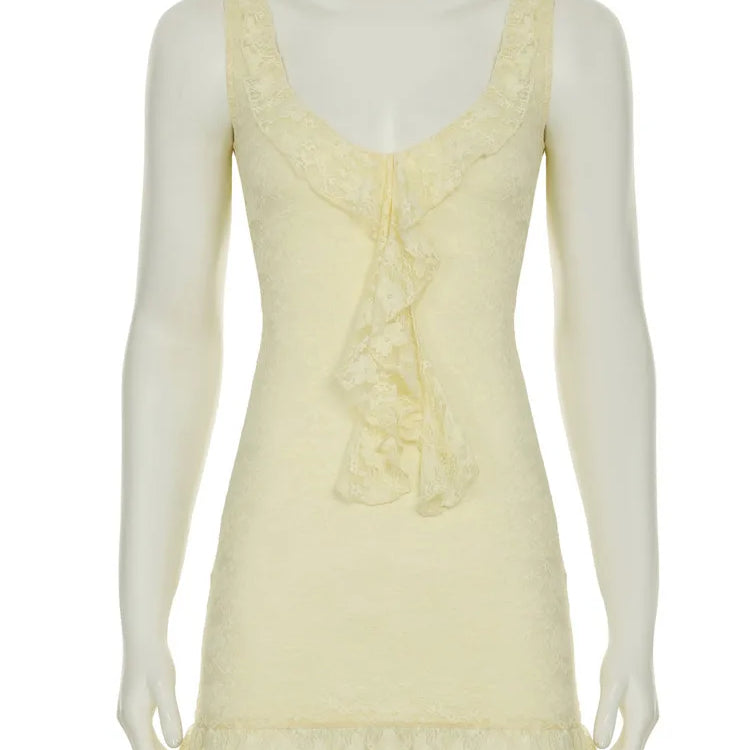 Mozision Lace Sleeveless Ruffle Sexy Mini Dress For Women Robe Elegant Deep V Neck Backless Bodycon Club Party Dress Vestido