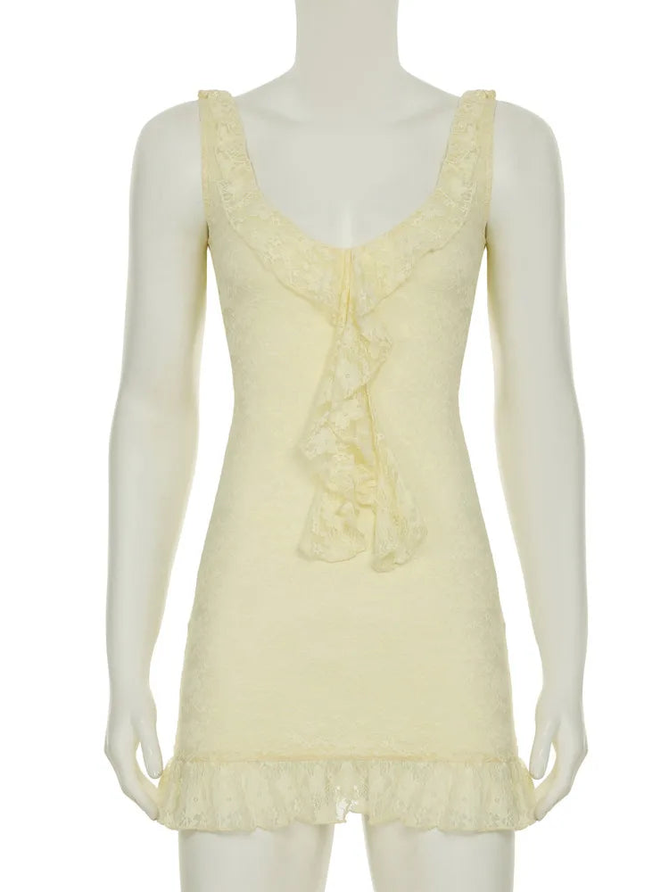 Mozision Lace Sleeveless Ruffle Sexy Mini Dress For Women Robe Elegant Deep V Neck Backless Bodycon Club Party Dress Vestido