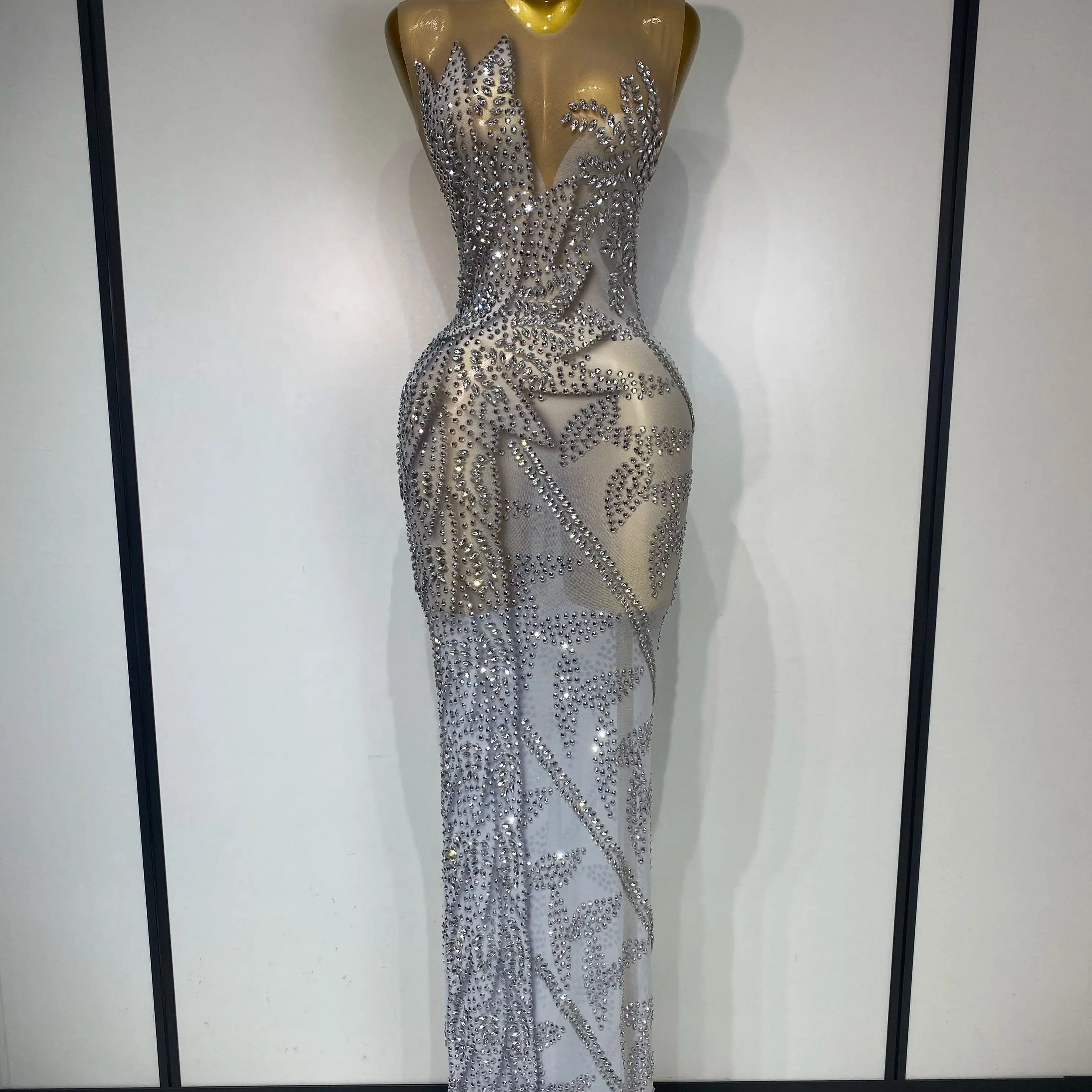 Luxury Rhinestone Sleeveless Silver Long Dress Women Sexy Mesh See Through Evening Prom Birthday Photo Shoot Singer Stage Outfit
