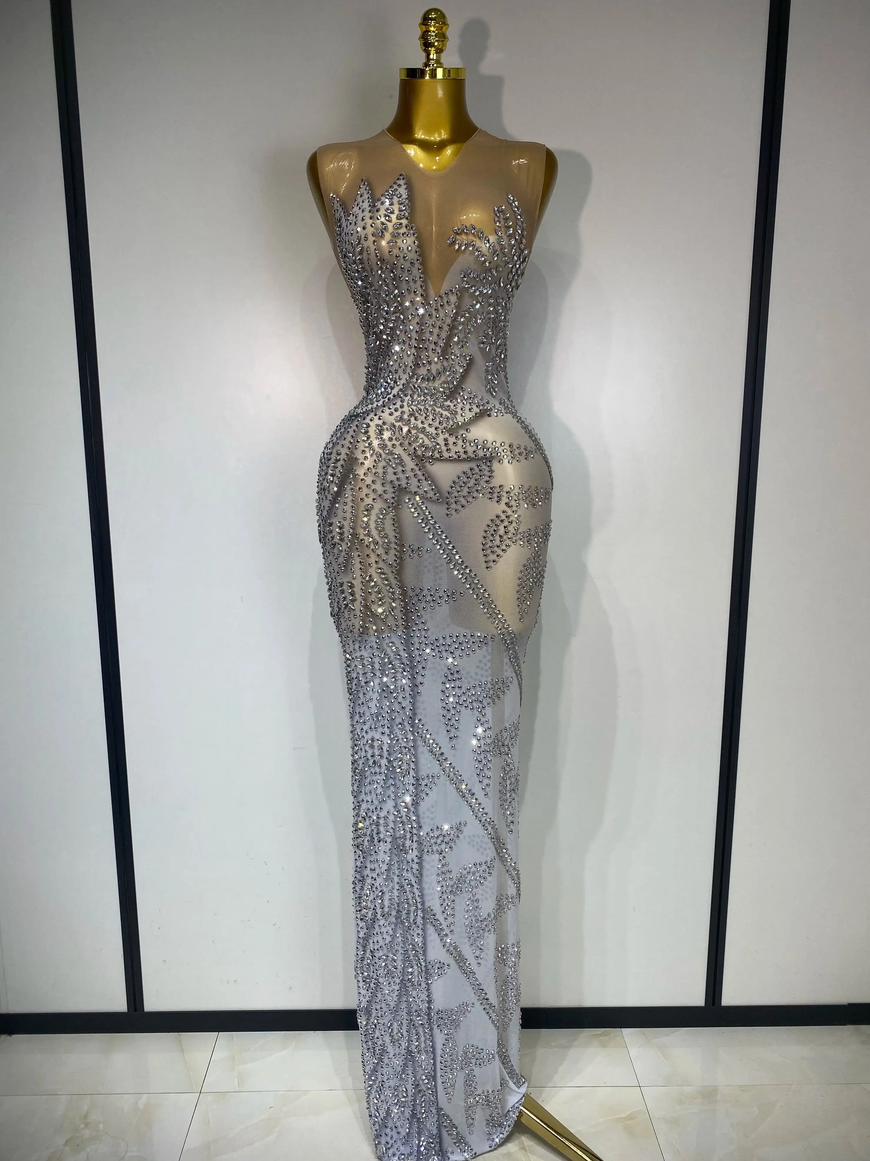 Luxury Rhinestone Sleeveless Silver Long Dress Women Sexy Mesh See Through Evening Prom Birthday Photo Shoot Singer Stage Outfit