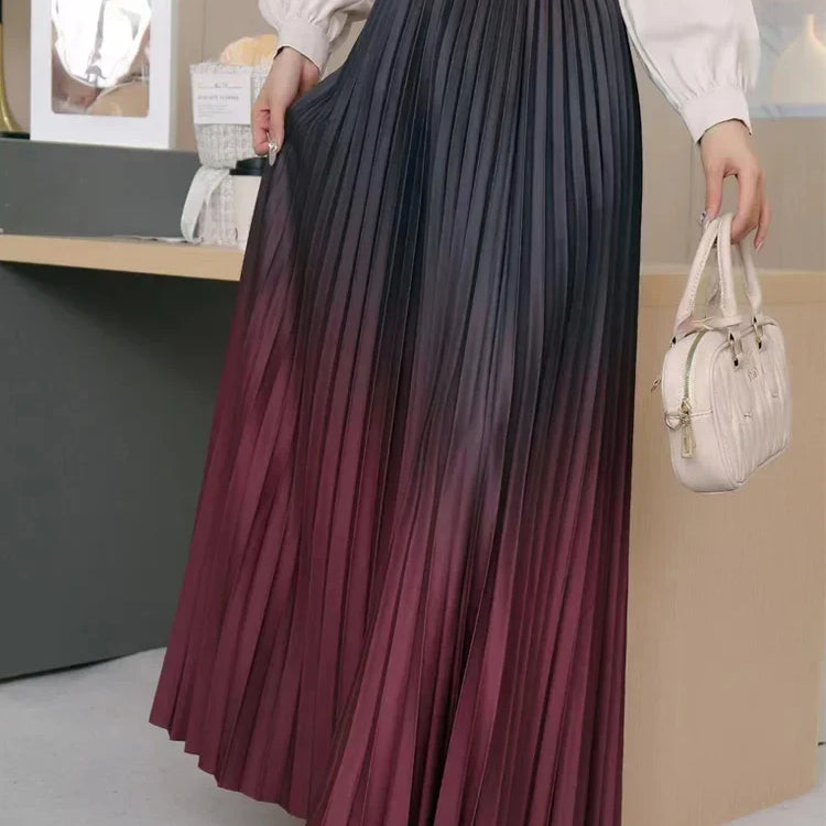 Floor-Length Long Pleated Skirt Women Gradient Color Lengthen Maxi Skirt Women Casual Patchwork Elegant Skirt Female Claret One Size