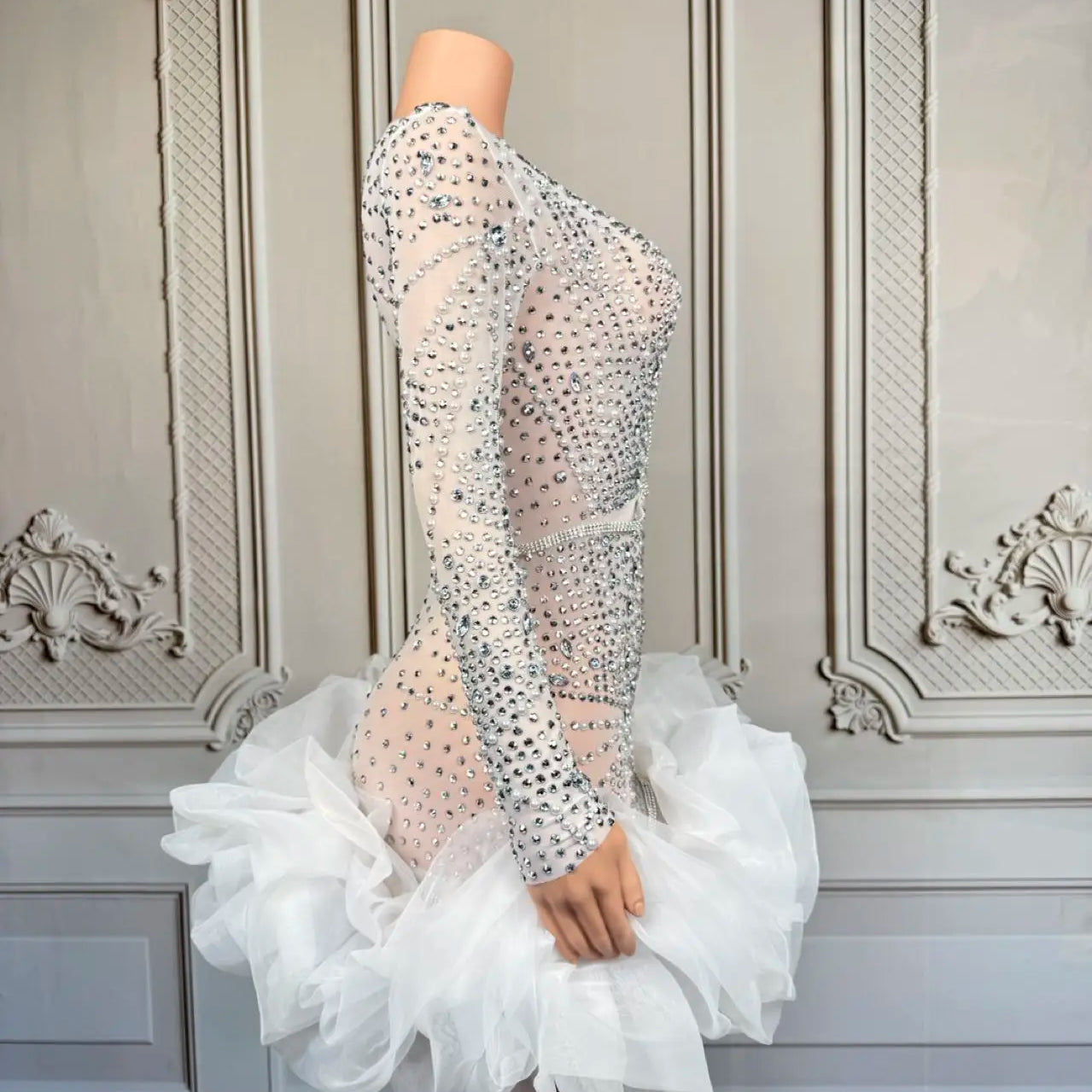 Sparkly Rhinestone White Pearls High-end Short Dress Sexy Women Deep V Neck tutu Mini Dress Nightclub Party Dress-up Outfit Babi