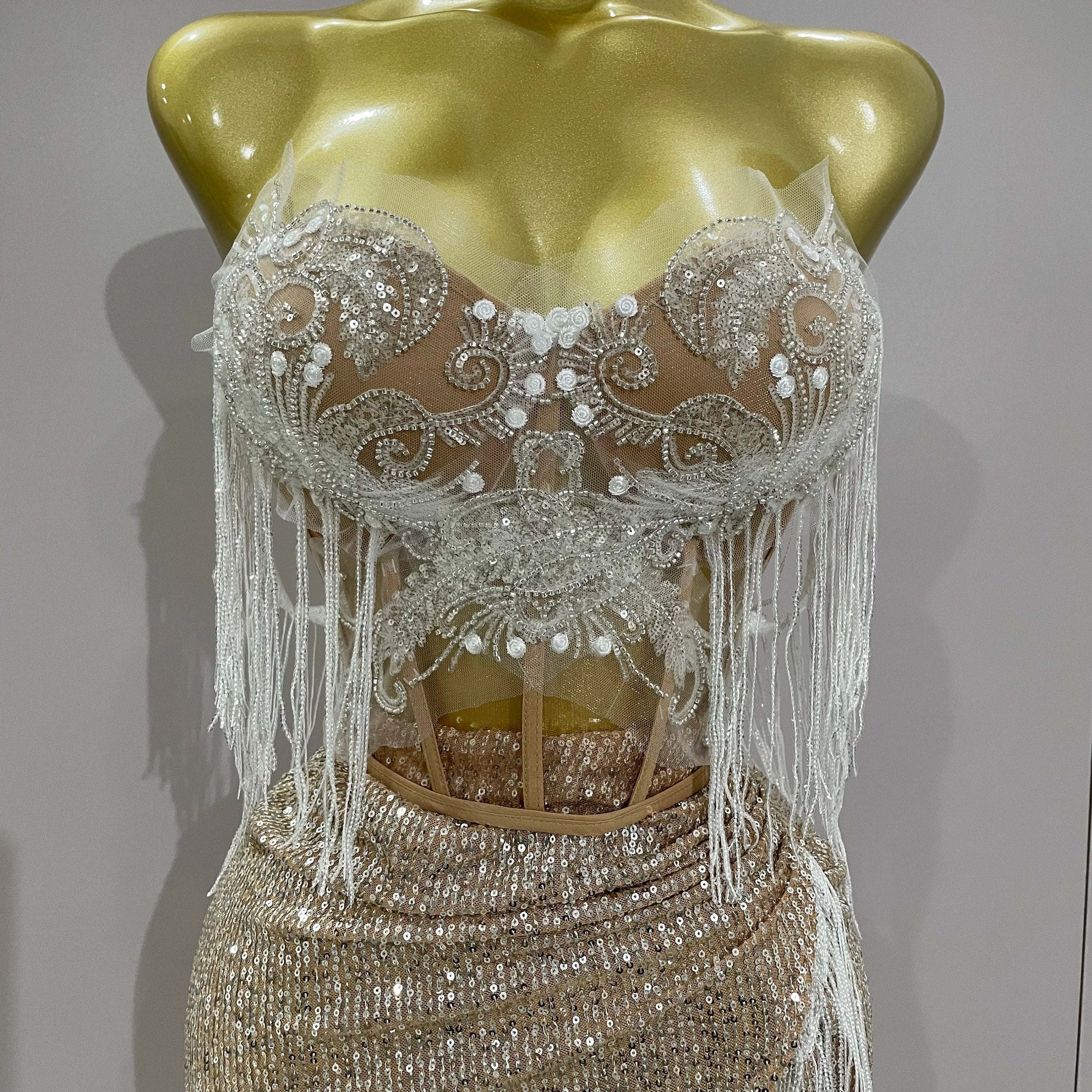 Sexy Luxury Sparkly Sequin Tassel Two Piece Set 2025 Women Evening Party Birthday Singer Performan Costume Nightclub Girl Outfit