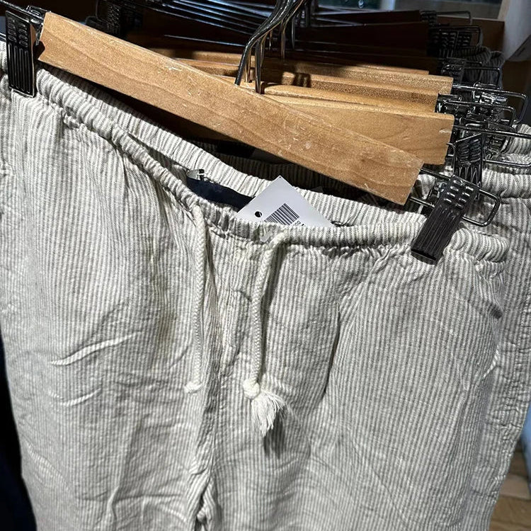 Retro Pink Striped Drawstring Sport Pants Women Autumn High Waist Linen Casual Wide Leg Pants Y2k Streetwear Loose Trousers Chic