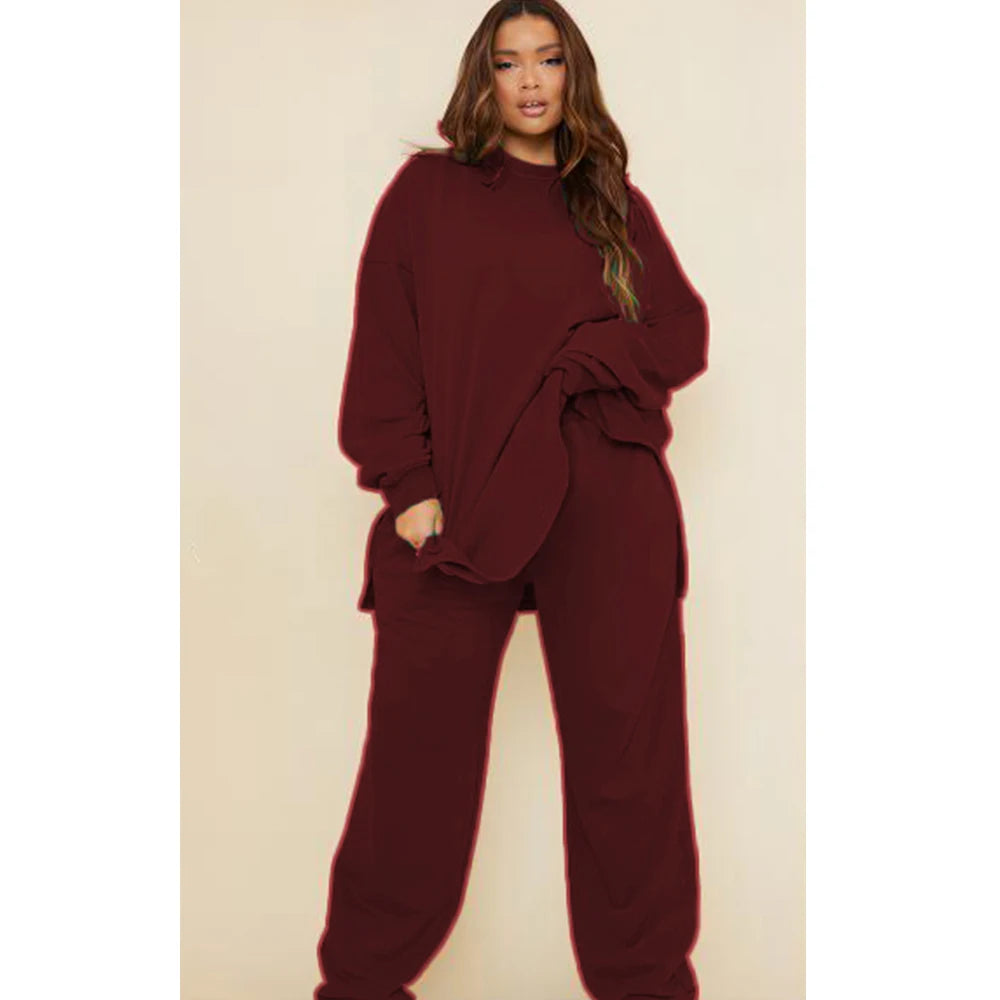 Women's Plus Size Casual Sport Matching Set Cargo Pant and Long Hooded Round Neck Two Piece Set Solid Leisure Loose Outfit Set Red