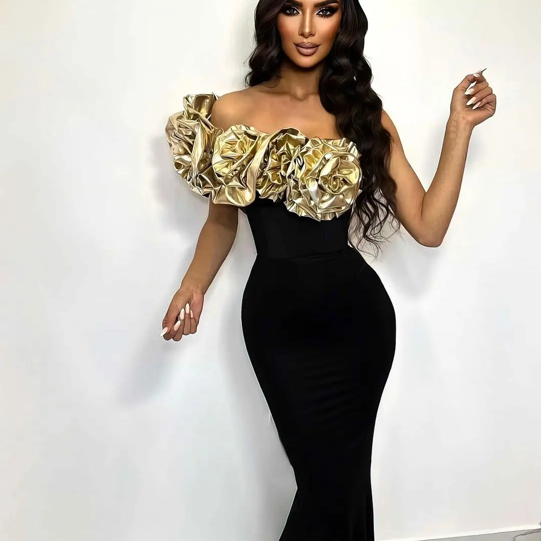 Celebrity Red Carpet Dress Gold Florals Women Sexy Strapless Off the Shoulder Bodycon Bandage Long Dress Nightclub Party Vestido