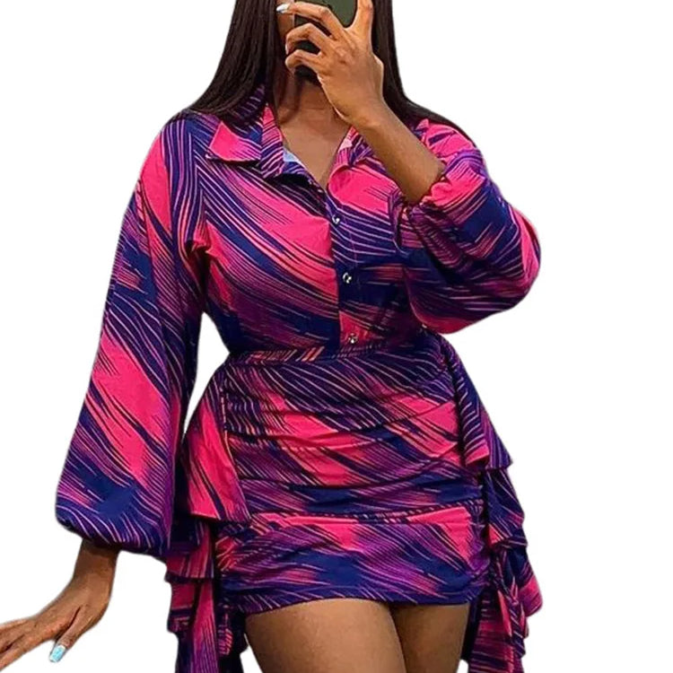 Elegant Striped Printed Ruffles Side Mini Skirts and Long Sleeve Shirt Tops Women Two 2 Piece Sets Birthday Festivals Outfits Rose Red Set