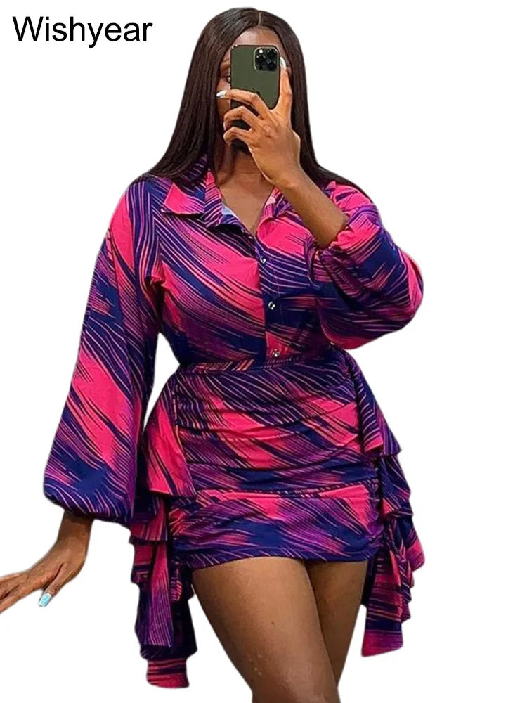 Elegant Striped Printed Ruffles Side Mini Skirts and Long Sleeve Shirt Tops Women Two 2 Piece Sets Birthday Festivals Outfits Rose Red Set