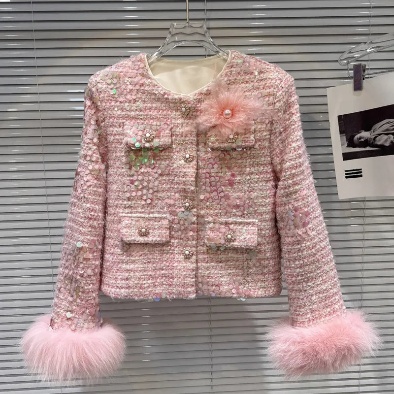 Winter New High-End Fashion Style Fox Fur Sleeve Sequin Tweed Cotton Short Coat For Women Elegant Jacket 11A07932 Pink