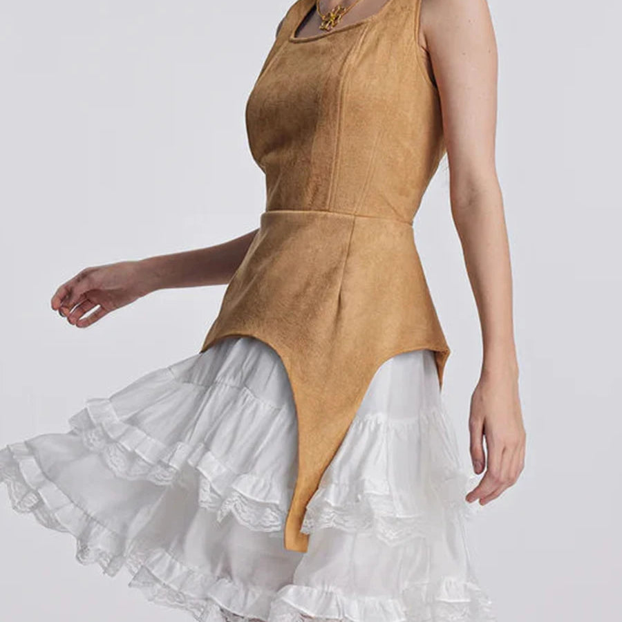 Colorblock Slimming Temperament Dresses for Women Square Neck Sleeveless Patchwork Ruffles Fold Dress Female New