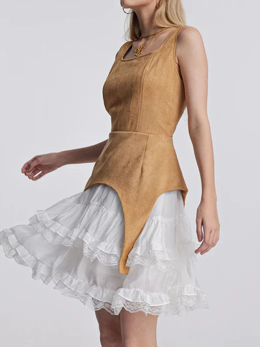 Colorblock Slimming Temperament Dresses for Women Square Neck Sleeveless Patchwork Ruffles Fold Dress Female New