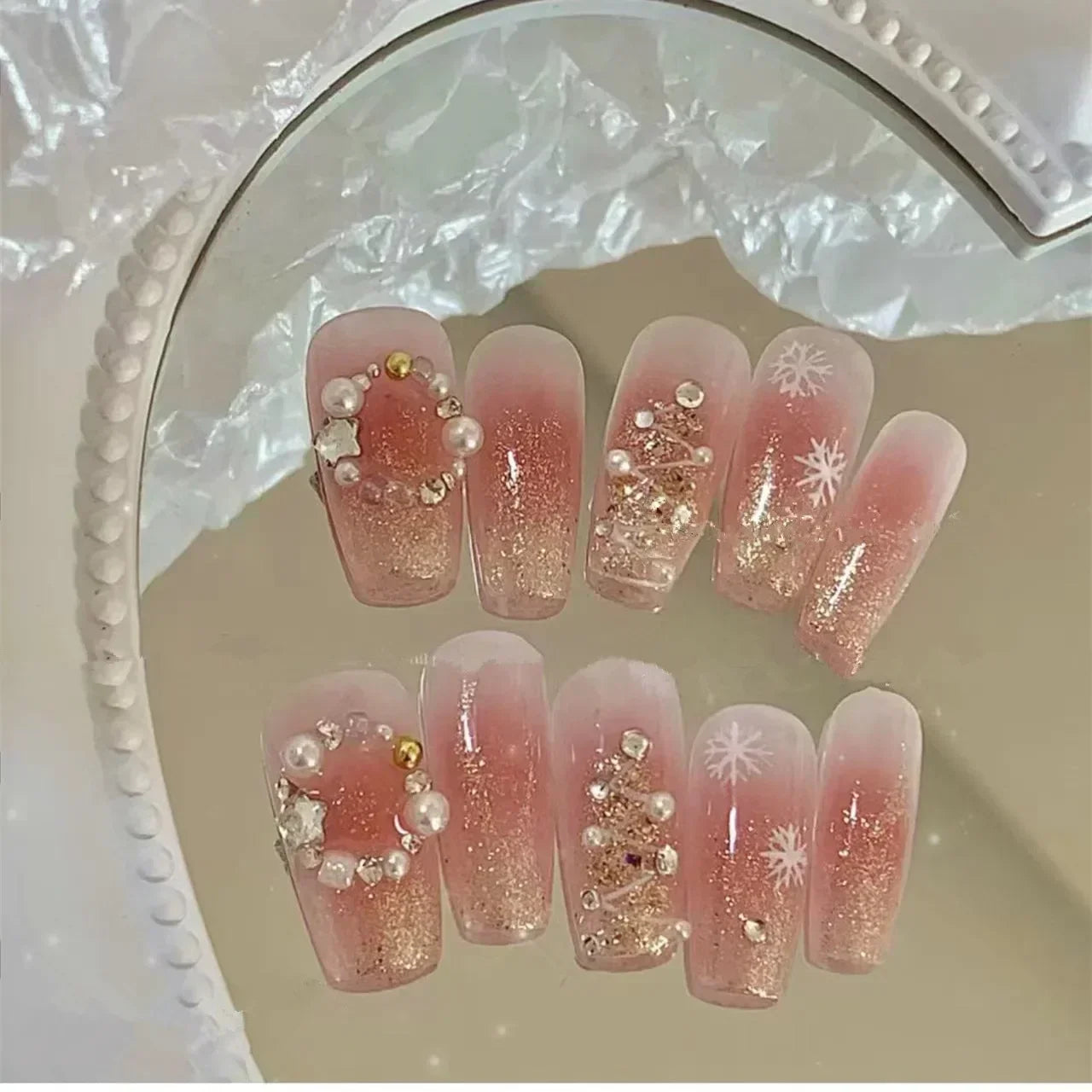 24Pcs False Nails French Gradient Ballet Fake Nails Press on Nails Black Heart Rhinestone Design Glitter Full Cover Nail Tips 22