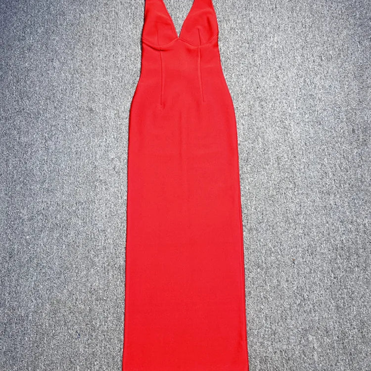 Women Sexy V Neck Backless Red Maxi Long Summer Celebrity Bodycon Bandage Dress 2025 Elegant Evening Club Party Dress