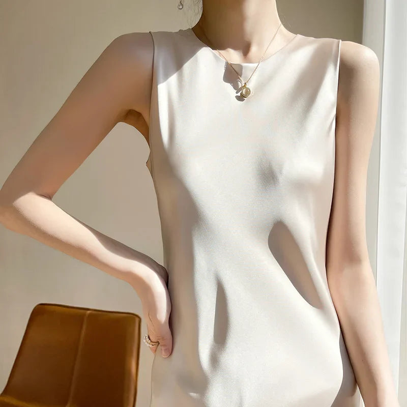Light Luxury Acetate Satin Silk Sling Dress Female French Niche Slim Sexy V-neck Temperament Bottoming Dress Beige