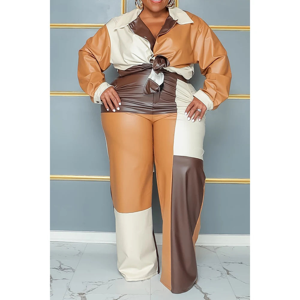 Plus Size Women's Pant Suit Brown Tunic Patchwork PU Leather Fashion Commuting Two Piece Pant Suit Brown