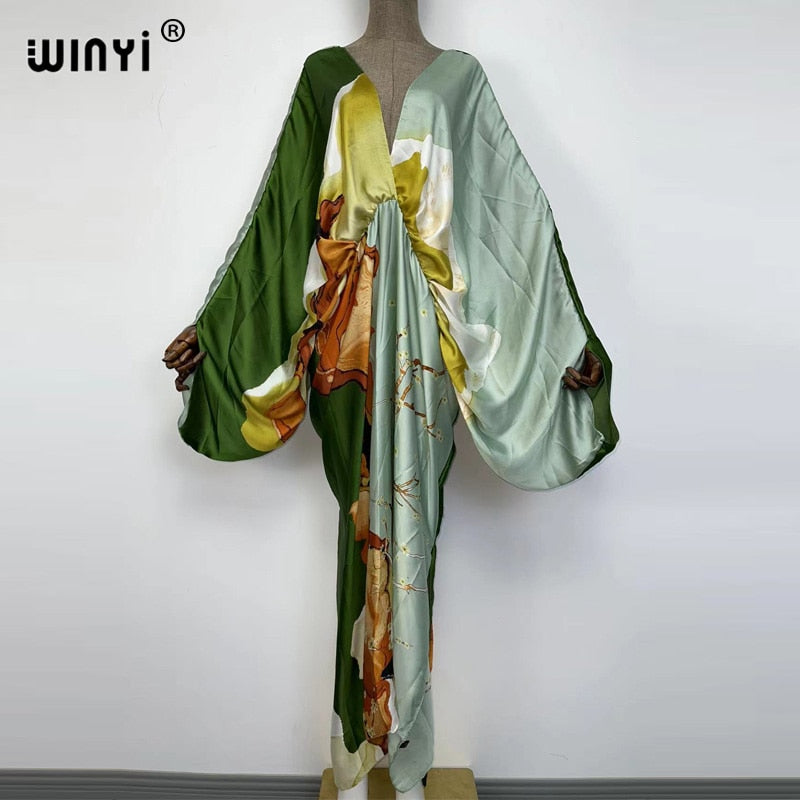 Sexy bech high-quality hand-rolled feel silk rayon fashion print 2024 WINYI Maxi Women's robes long beach V-neck Bohemian dress 20 One Size