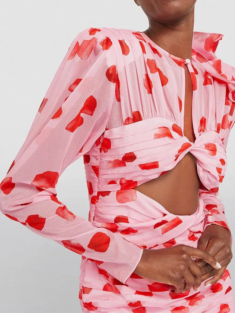 Print Patchwork Floral Cut Out Dress For Women V Neck Long Sleeve High Waist Folds Mini Dresses Female Clothes New