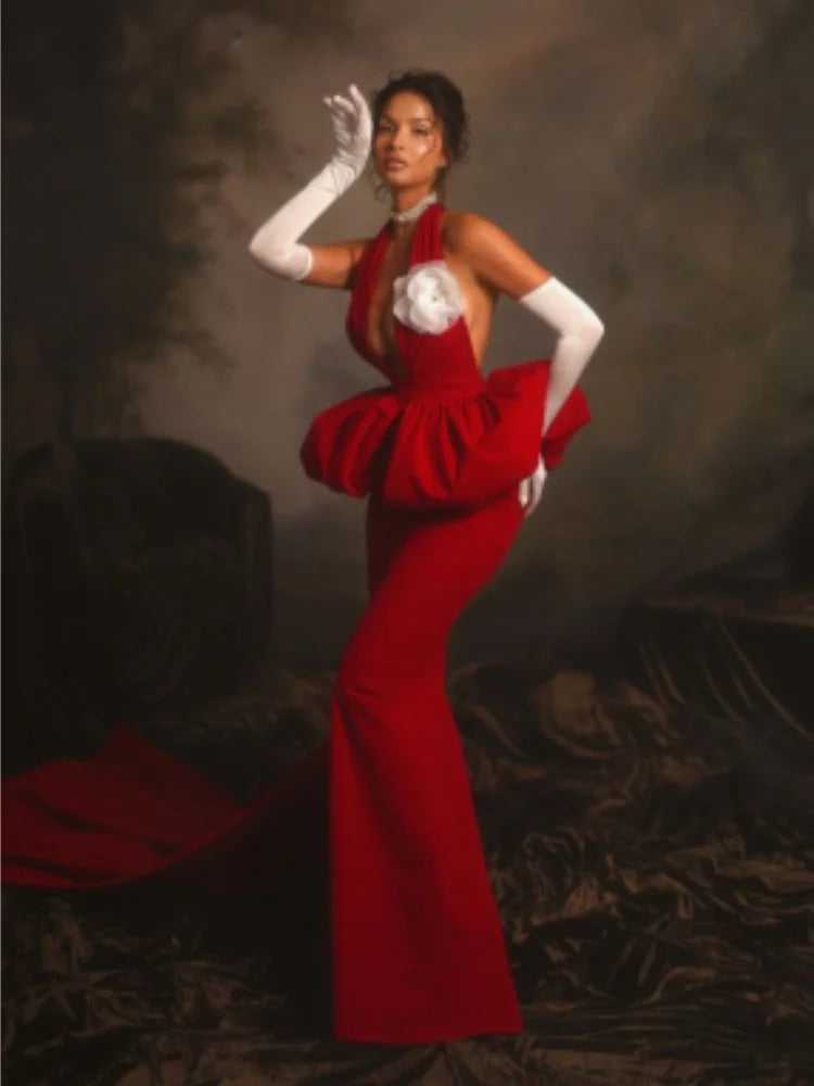 2025 New Red Color Women Sexy Halter Backless Bodycon Long Bandage Dress Gloves Celebrate Performance Costume Stage Wear