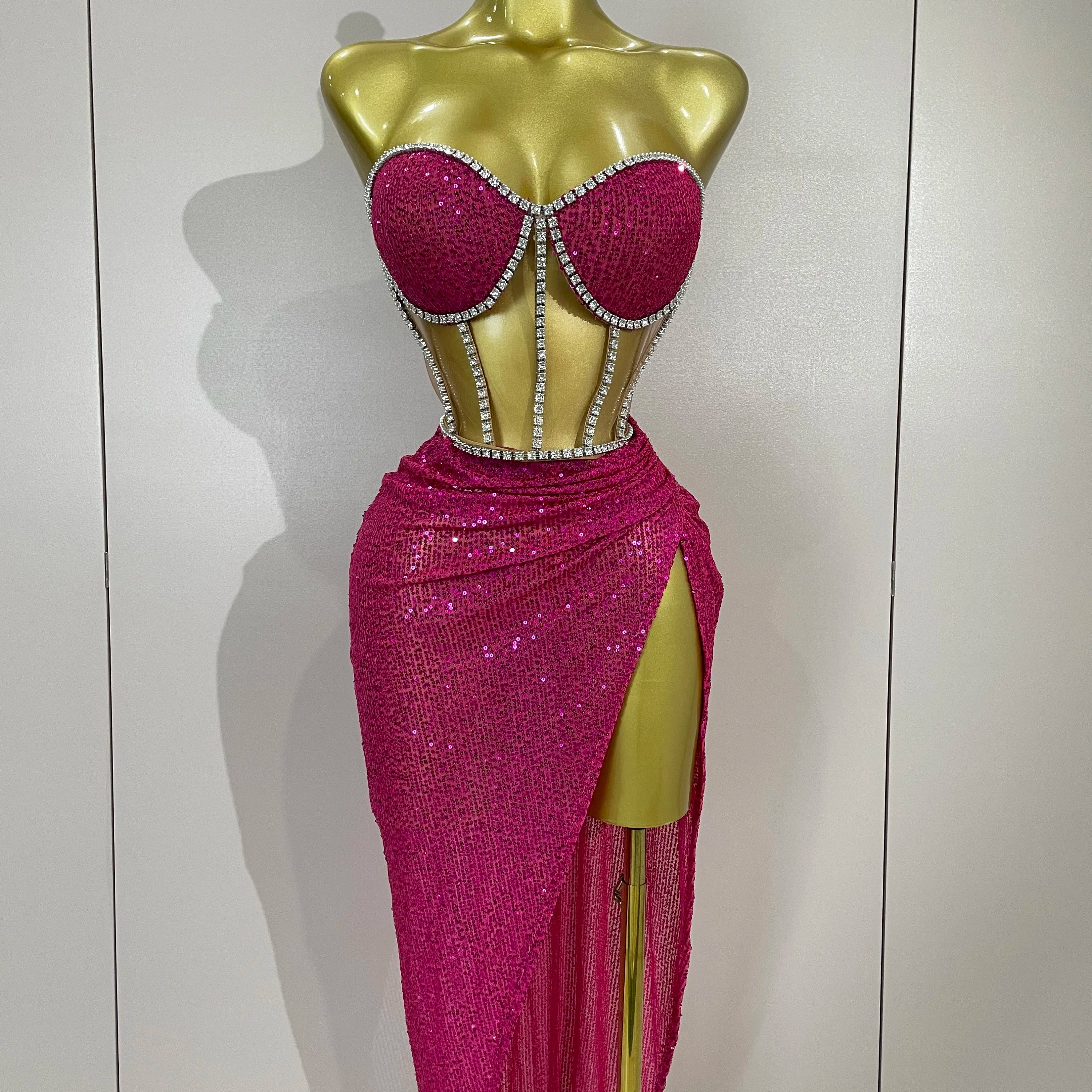 Sparkly Sequins Diamond Birthday Party Two Piece Set Evening Dress 2025 Women Sexy Singer Dancer NightClub Bar Performan Costume Rose Red