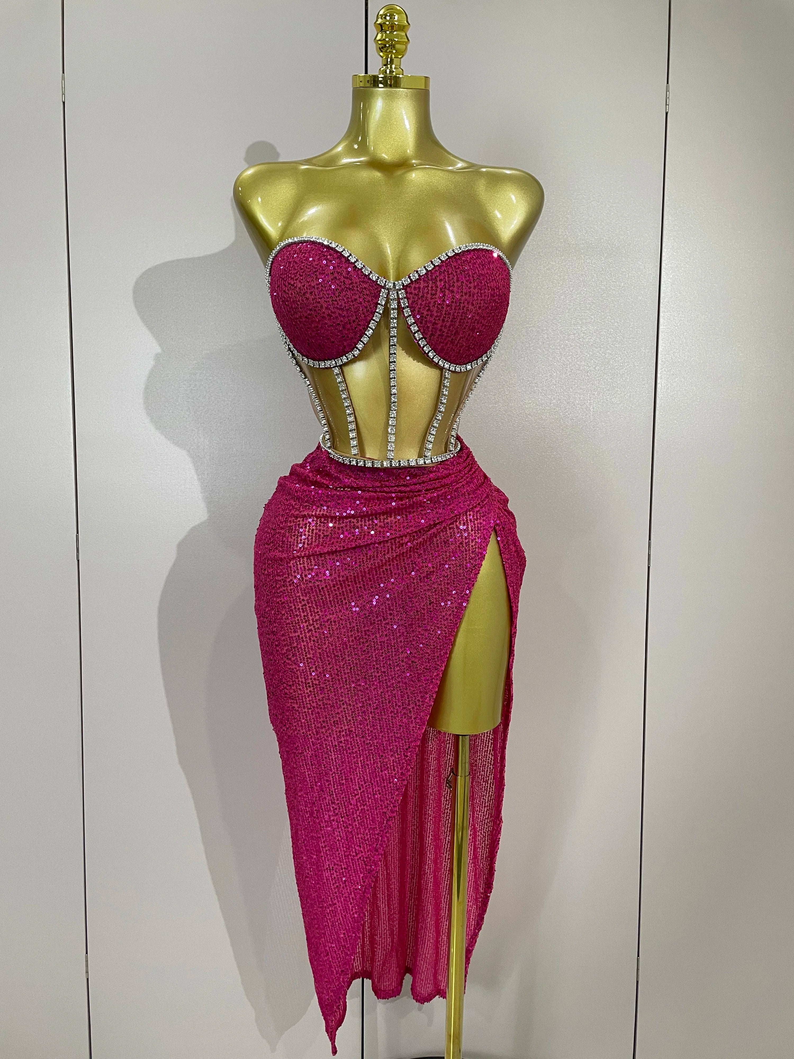 Sparkly Sequins Diamond Birthday Party Two Piece Set Evening Dress 2025 Women Sexy Singer Dancer NightClub Bar Performan Costume Rose Red