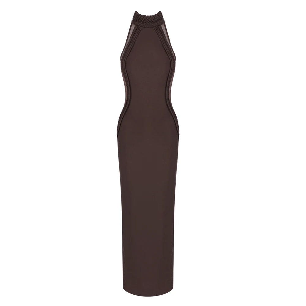 Chic Brown Sheer Side Mesh-Paneled Sleeveless Maxi Dress with Braided Details for Party Evening Gown Brown