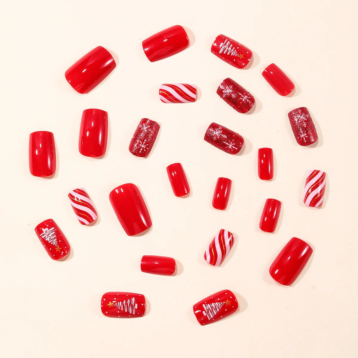 24Pcs Short Square Fake Nails Red French Press On Nails Snowflake/Striped Printed Women Girls Christmas Party False Nails