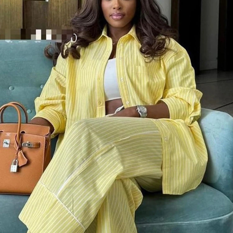 Fashion Striped Women's Set Long Sleeve Blouse Shirt Top and Wide Leg Pants 2025 Chic Two 2 Piece Sets Outfits Tracksuit