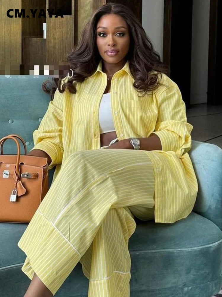 Fashion Striped Women's Set Long Sleeve Blouse Shirt Top and Wide Leg Pants 2025 Chic Two 2 Piece Sets Outfits Tracksuit