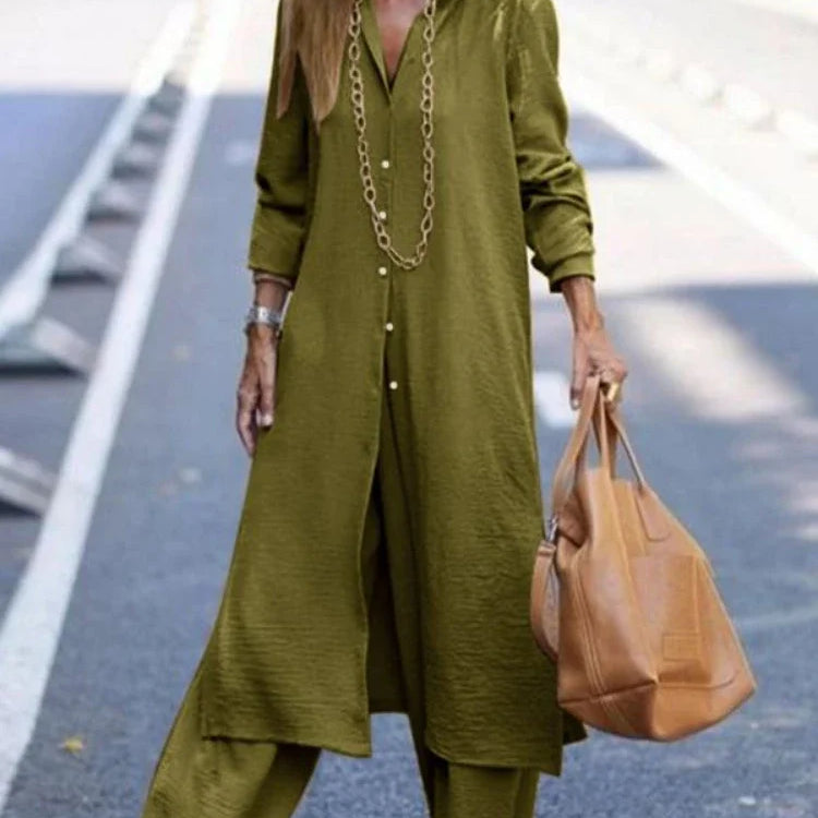 Summer Fashion Plus Size Women's New Matching Collection Elegant Loose Robe Wide Leg Pants Temperament Two Piece Set army green