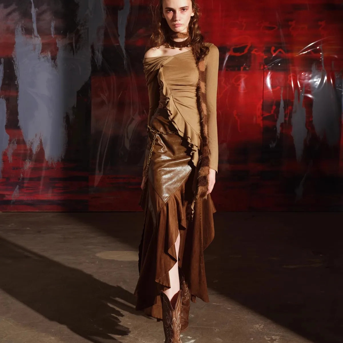 Lautaro Spring Autumn Soft Brown Patchwork Pu Leather Midi Asymmetrical Skirt Women High Waist Long Luxury Designer Clothes 2025
