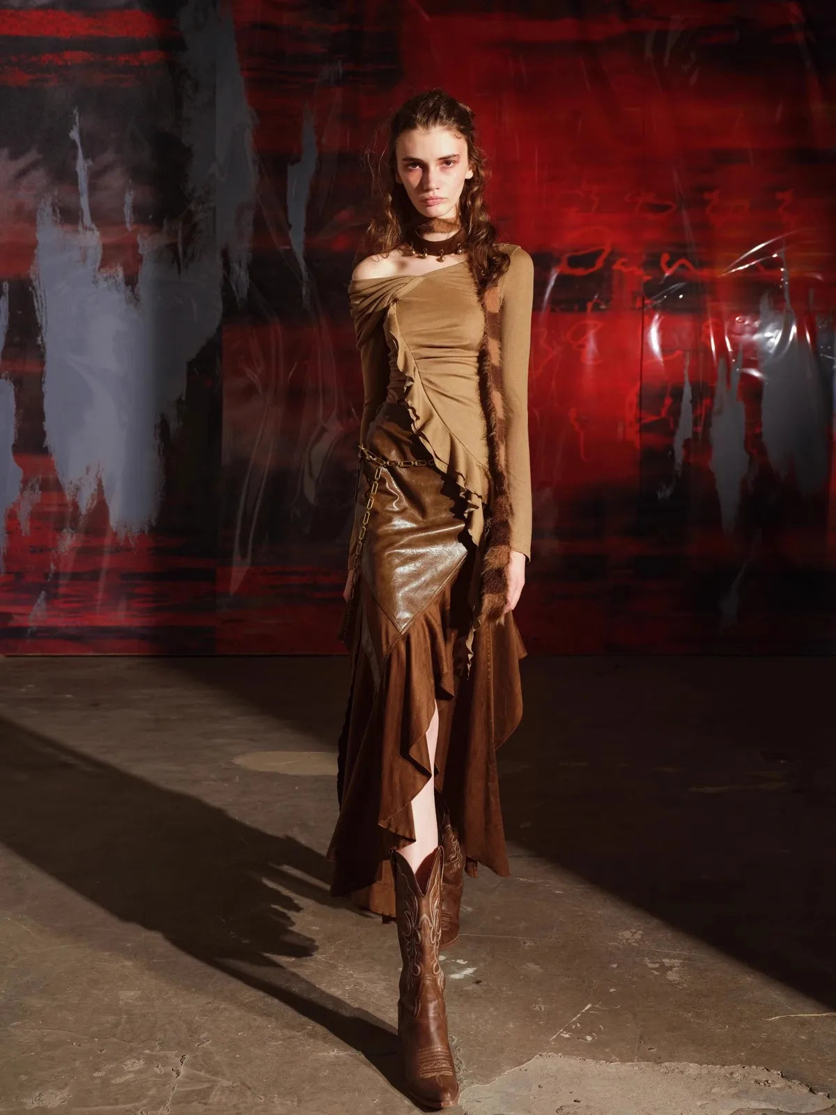 Lautaro Spring Autumn Soft Brown Patchwork Pu Leather Midi Asymmetrical Skirt Women High Waist Long Luxury Designer Clothes 2025