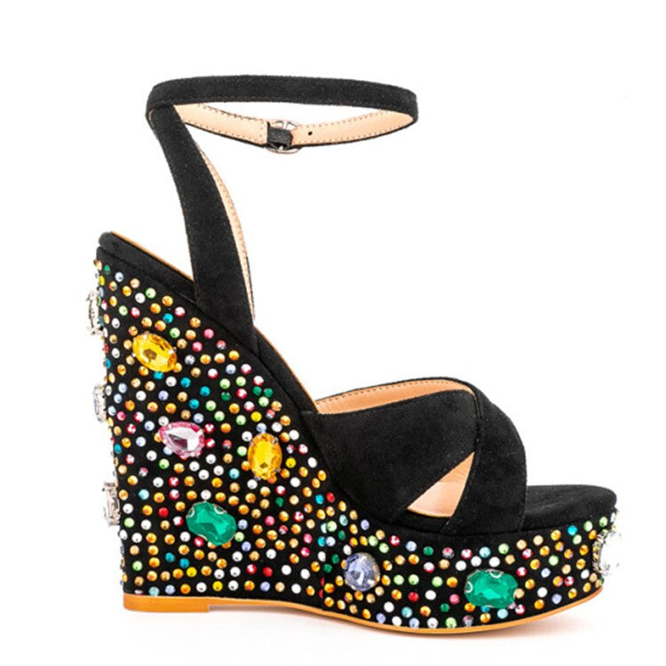 Summer New Suede Thick Bottom Wedge Sandals Round Head Diamond Inlaid Super High Heel Buckle Platform Fashion Sandals N115 black