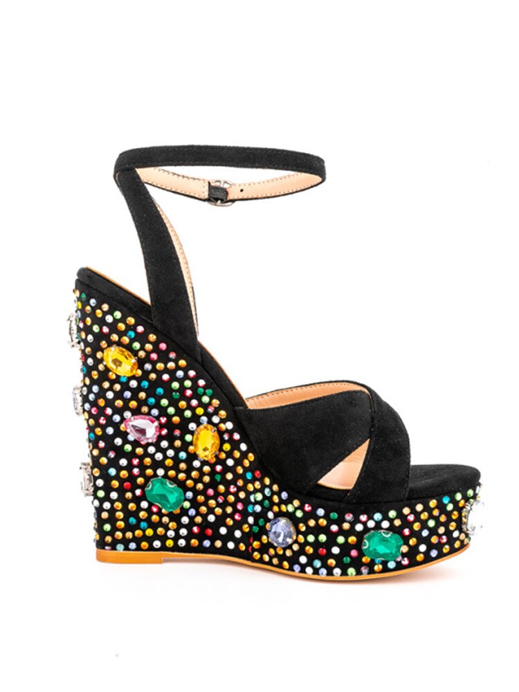 Summer New Suede Thick Bottom Wedge Sandals Round Head Diamond Inlaid Super High Heel Buckle Platform Fashion Sandals N115 black