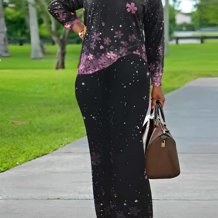 LW Plus Size V Neck Mixed Print Side Split Pants Set Casual Long Sleeve Top Fashion Loose Two Piece Set Outfit black
