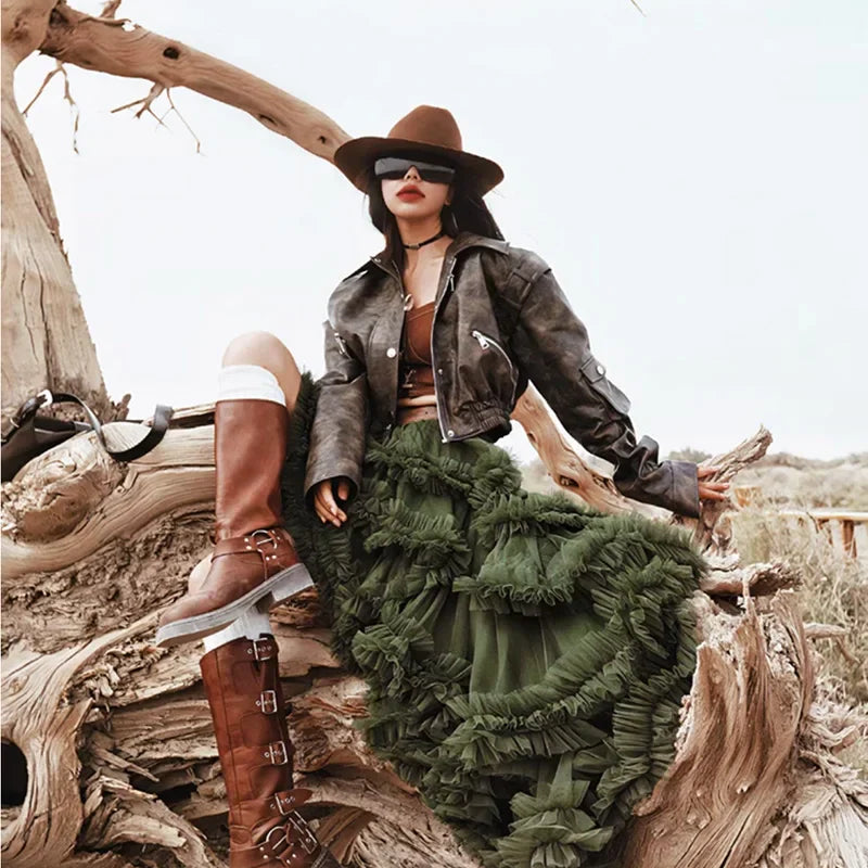 3 Colors Women's Irregular Hem Ball Gown Long Skirt Tulle Ruffles Multilayers Skirt Ladies Fairy Gauze Maxi Skirts Female Outfit