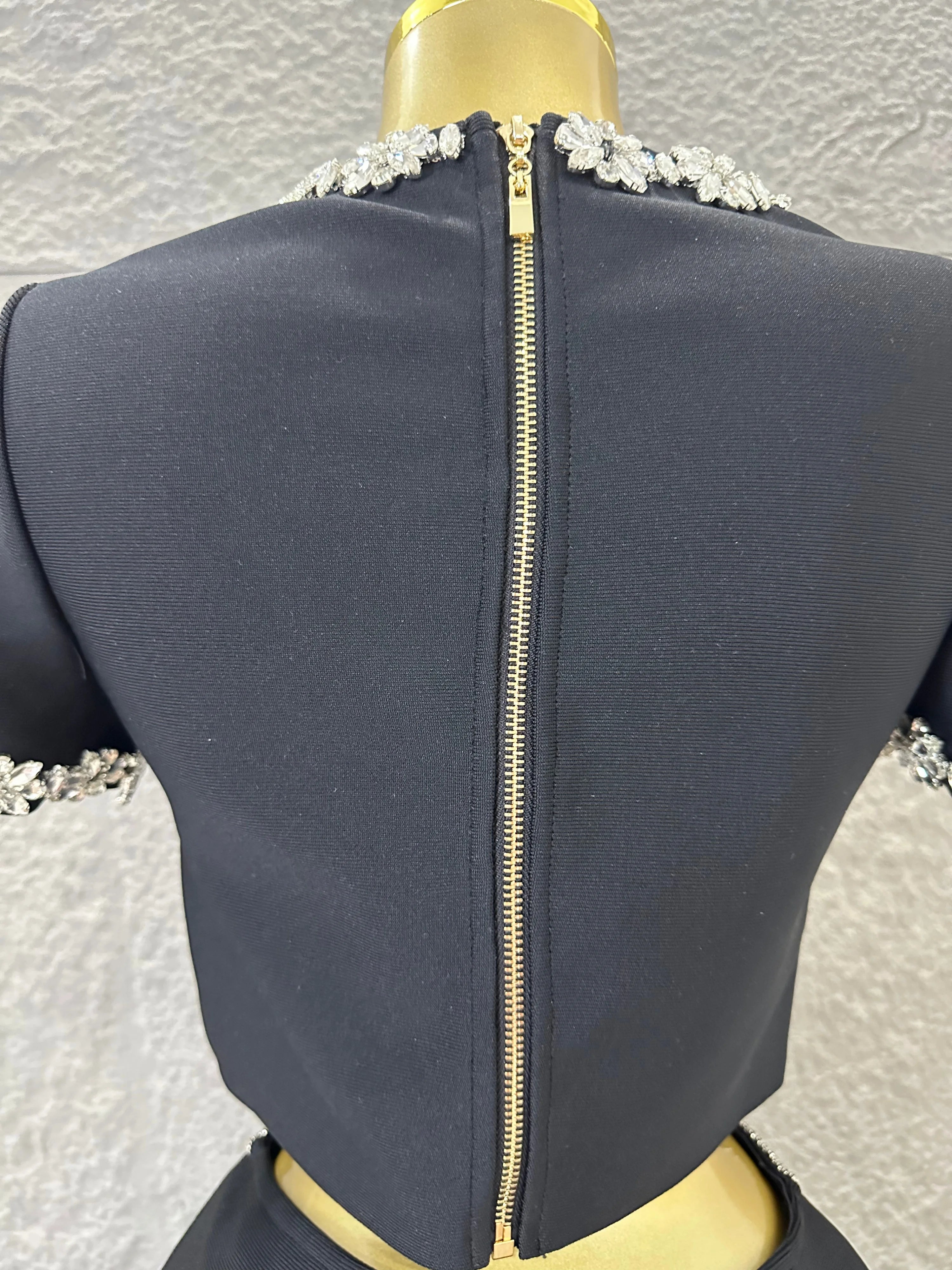 Black White Two Piece Set Women Elegant Short Sleeve Beaded Crop Top High Waist Pencil Midi Skirt Formal Suit