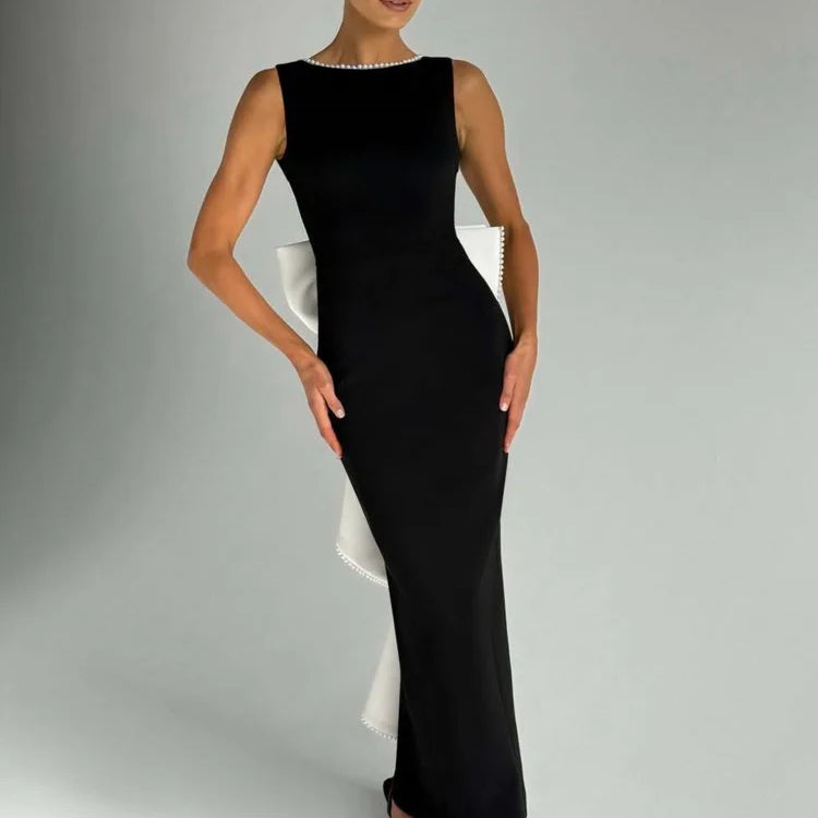 Elegant Pearl Bow Backless Sexy Maxi Dress Women Gown Fashion Sleeveless High Waist A-line Club Party Long Dress