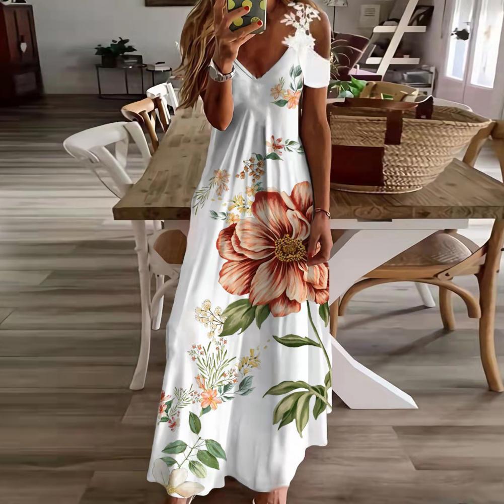 Women Floral Print Maxi Dress Boho Lace Sling Hollow Out A Line Long Dress Ladies Casual Loose V-Neck Beach Party dress Vestidos Style3